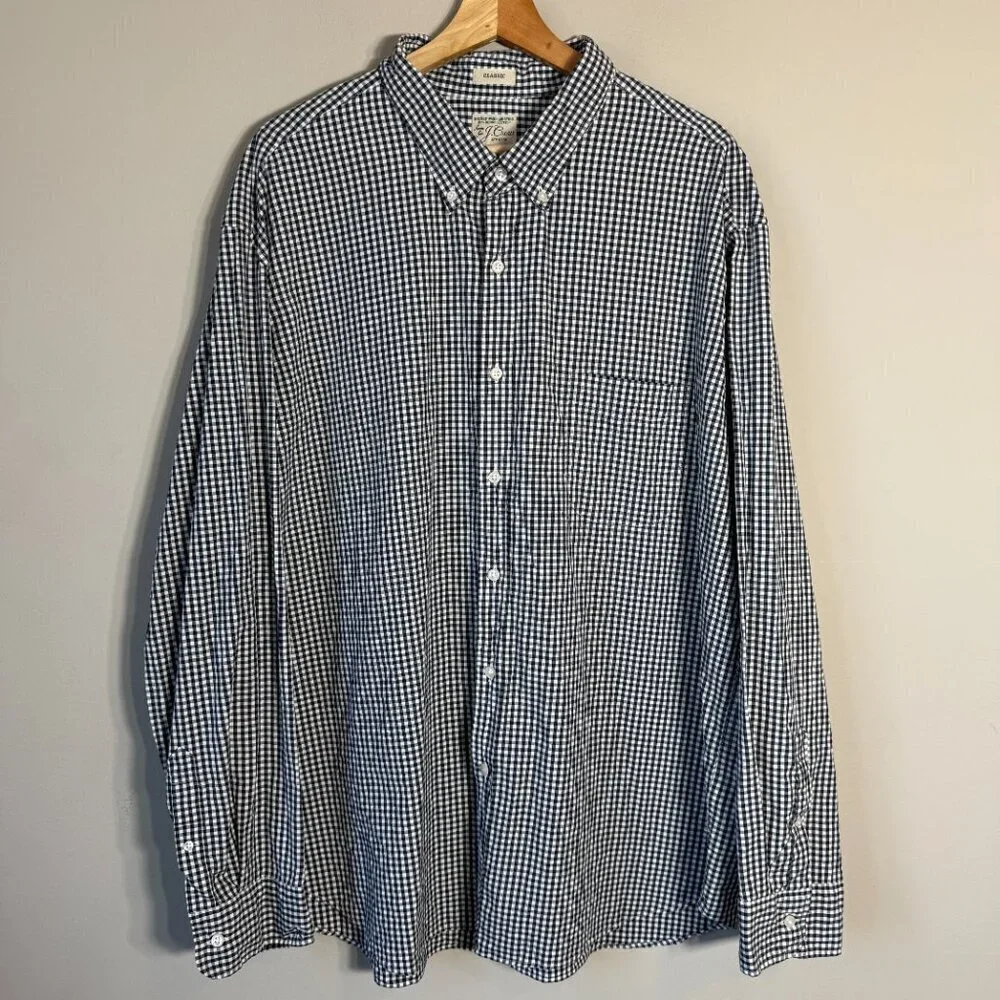 J.Crew Stretch Organic Cotton Gingham Button Down Shirt Men's 3XL Navy White